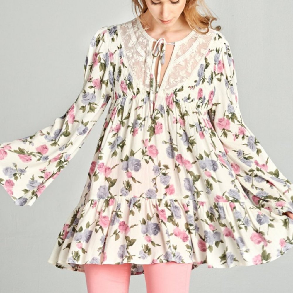 NEW Cream Pink Lilac Floral Lace Inset Tunic Top - Picture 7 of 12
